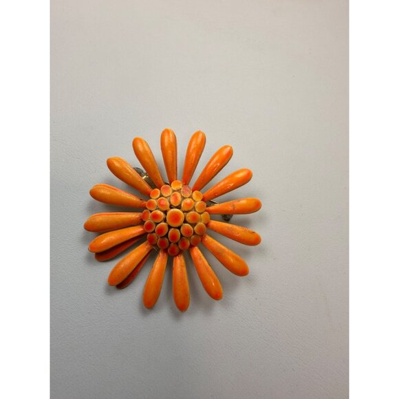 Vintage Orange Enamel Flower Brooch Pin 2.5" Retro Daisy Design - Picture 5 of 5